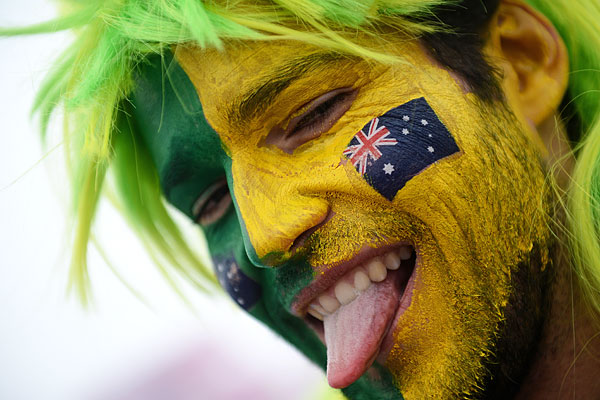 Австралийский болельщик перед началом квалификации сноуборд-кросса на соревнованиях по сноуборду среди мужчин на XXII зимних Олимпийских играх в Сочи.