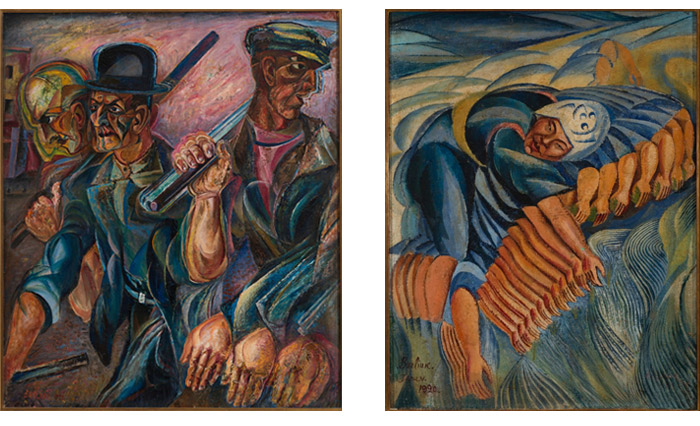 Картины Давида Бурлюка "Рабочие" (слева) и "Японка, сеющая рис"